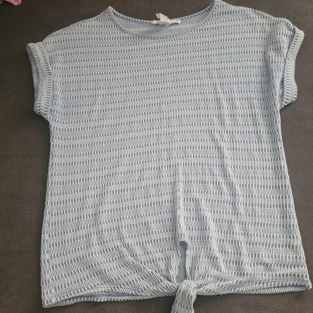 Anthropologie caution to the wind textured blue top front knot size small